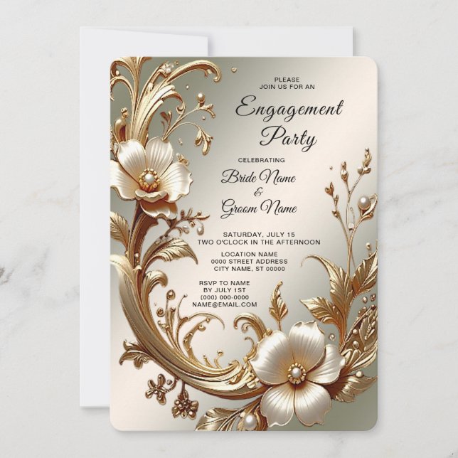 Invitación de compromiso floral dorada (Anverso)