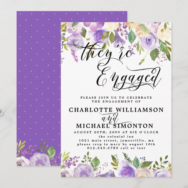 Invitación de compromiso floral púrpura y blanca (Anverso / Reverso)