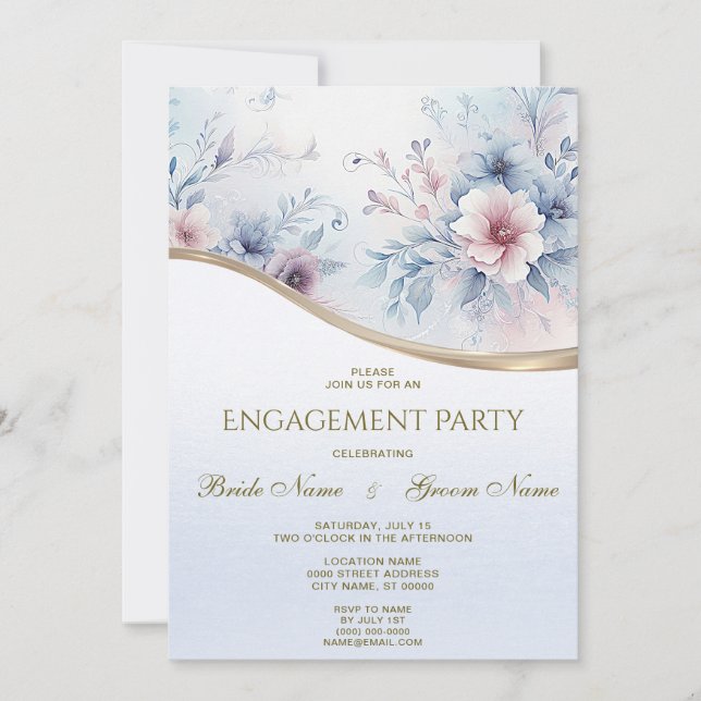 Invitación de compromiso floral rosa azul acuarela (Anverso)