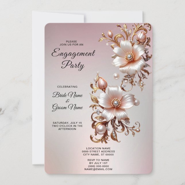 Invitación de compromiso floral rosa decorativa (Anverso)