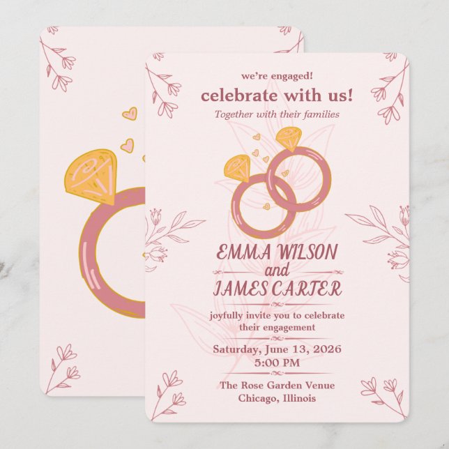 Invitación de compromiso floral rosado editable (Anverso / Reverso)