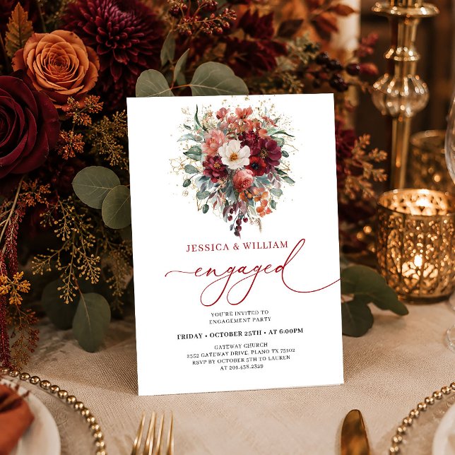 Invitación de compromiso floral verde boho Borgoña (Boho Burgundy Gold Floral Greenery engagement invitation card

)
