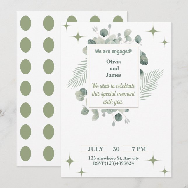 Invitación de compromiso floral verde minimalista (Anverso / Reverso)
