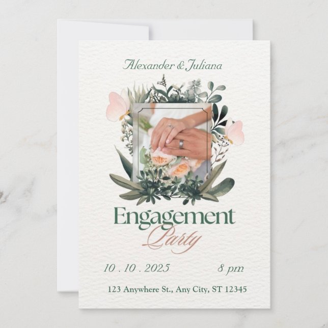 Invitación de compromiso floral verde y melocotón (Anverso)