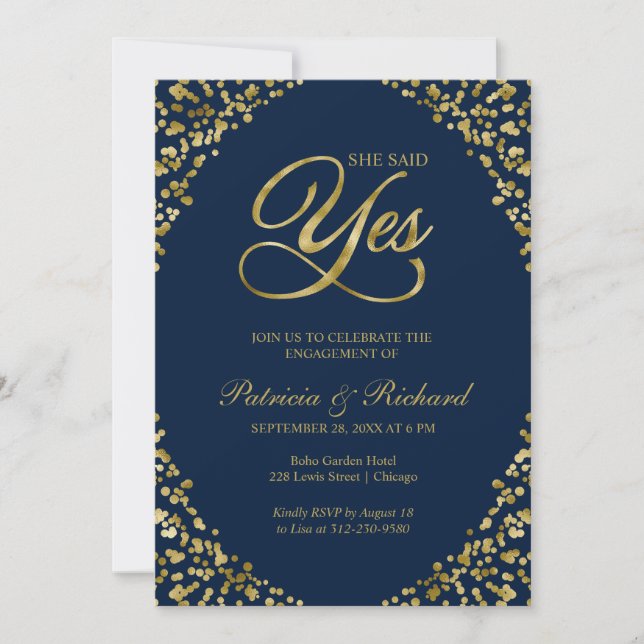 Invitación de compromiso Gold Blue She Said Yes (Anverso)