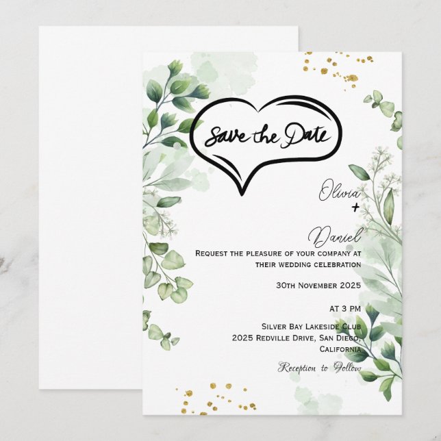 Invitación de compromiso Greenery Rustic Save The  (Anverso / Reverso)