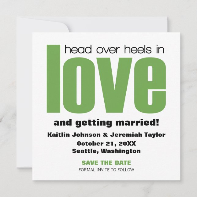 Invitación de compromiso "Head Over Heels", Verde (Anverso)
