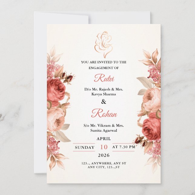 Invitación de compromiso hindú Floral Ganesha (Anverso)