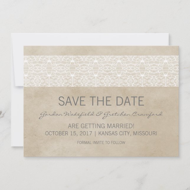 Invitación de compromiso Ivory Rustic Lace Save th (Anverso)