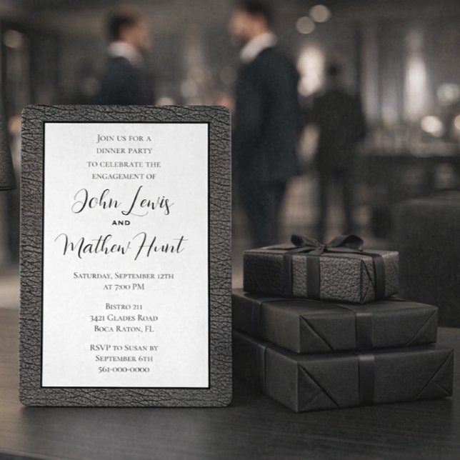 Invitación de compromiso masculina moderna (Elegant engagement dinner invitation featuring modern masculine design)