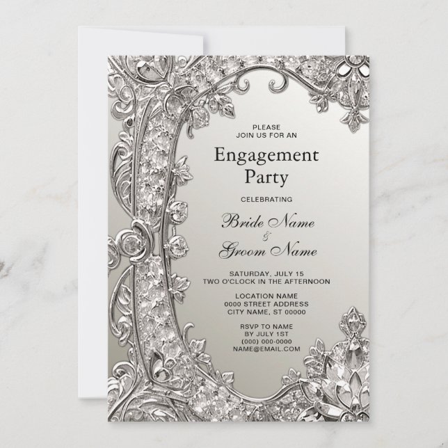 Invitación de compromiso moderno de Silver Ornate (Anverso)