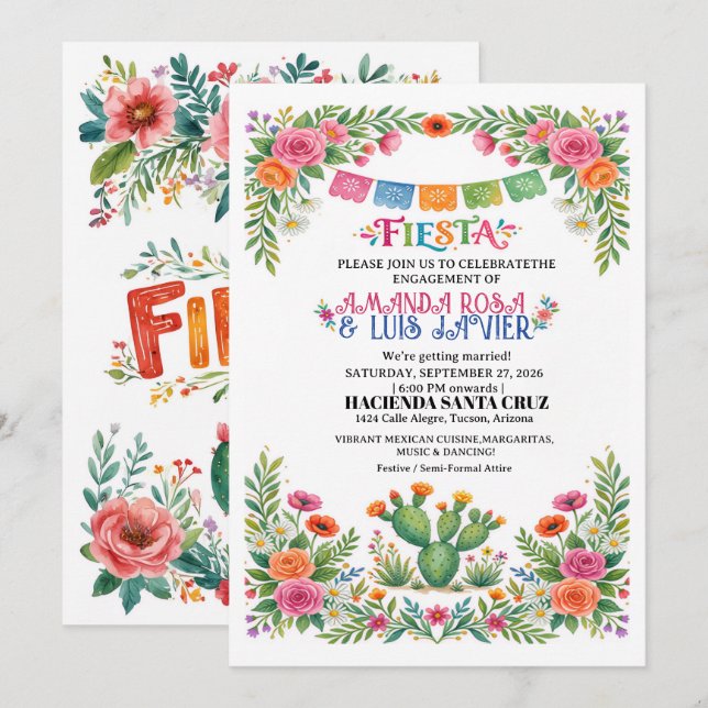 Invitación de compromiso para vibrante fiesta mexi (Anverso / Reverso)
