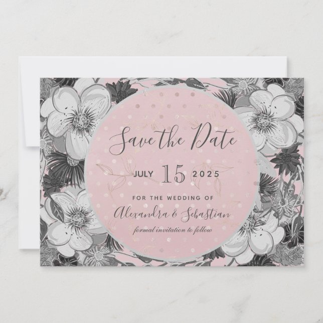 Invitación de compromiso rosa y gris para guardar  (Anverso)