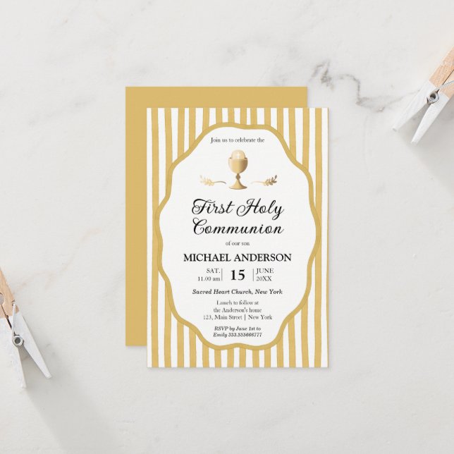 invitación de comunión con alfiler amarillo rayado (Anverso/Reverso In Situ)