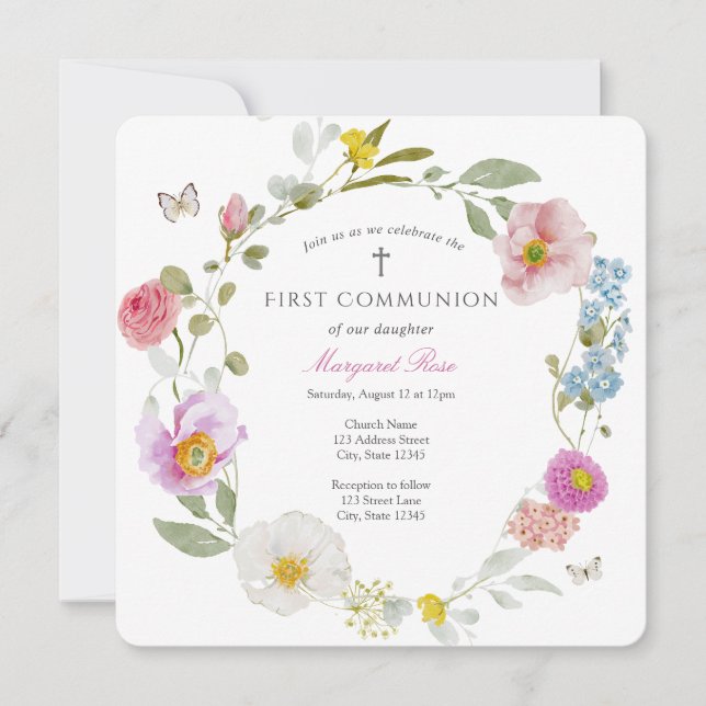 Invitación de Comunión de Mariposa Floral Elegante (Anverso)