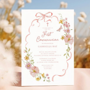 Invitación de Comunión de Mariposa Floral Rosa