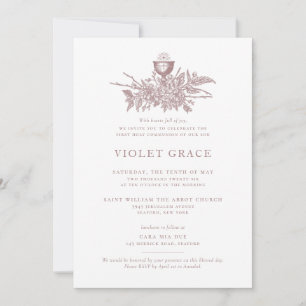 Invitación de comunión floral vintage rosa