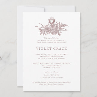 Invitación de comunión floral vintage rosa