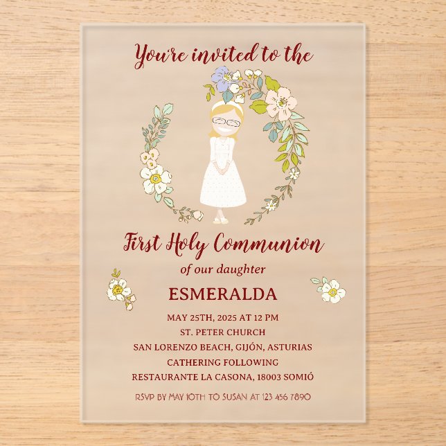 Invitación de Comunión sobre acrílico ESMERALDA (Anverso)