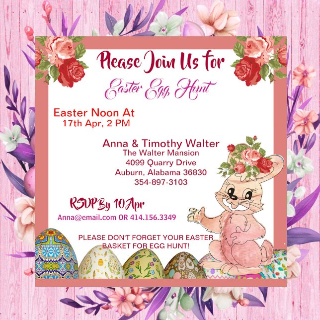 Invitación de conejito a Rosas rusos de caza de hu (Easter Egg Hunt Rustic Roses Bunny Kid Invitation)