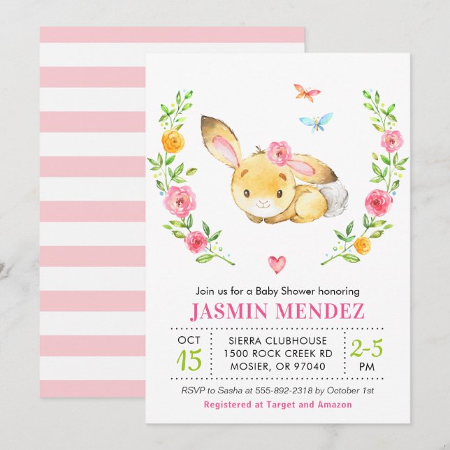 Invitación de conejito bebé para shower de niña ro (Anverso / Reverso)
