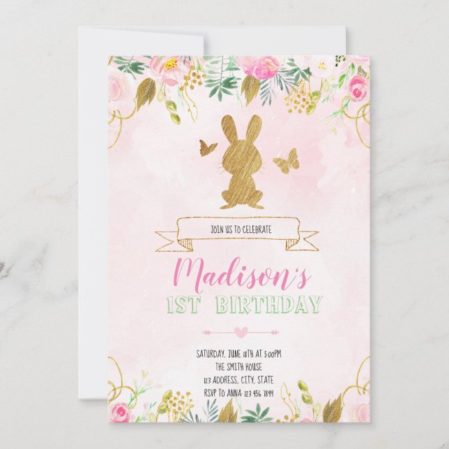Invitación de conejito para el primer cumpleaños (Anverso)