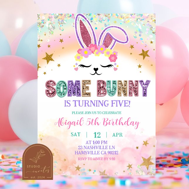 Invitación de conejo con lentejuelas de arcoíris p (Subido por el creador)