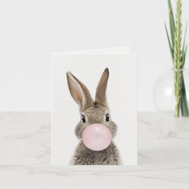 Invitación de conejo soplando chicle rosa (Anverso)
