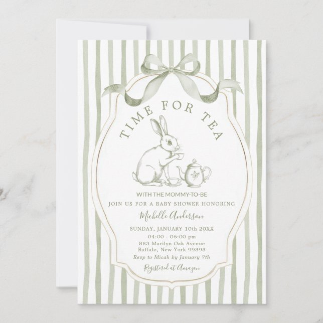 Invitación de conejo verde salvia para el té (Anverso)