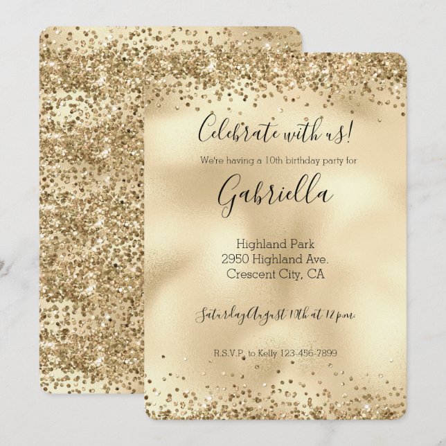 Invitación de Confeti Brillante Dorado Glitzy (Anverso / Reverso)