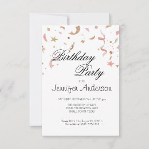 Invitación de confeti con destellos de rosa y oro