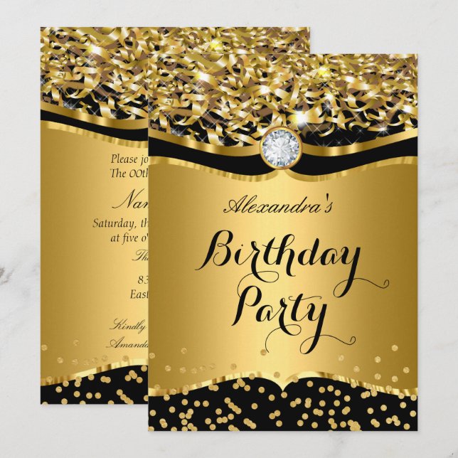 Invitación de Confeti Dorado Negro Brillante para  (Anverso / Reverso)