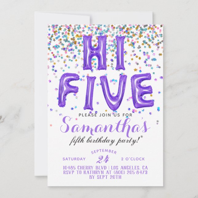 Invitación de Confetti de 5 Años (Anverso)