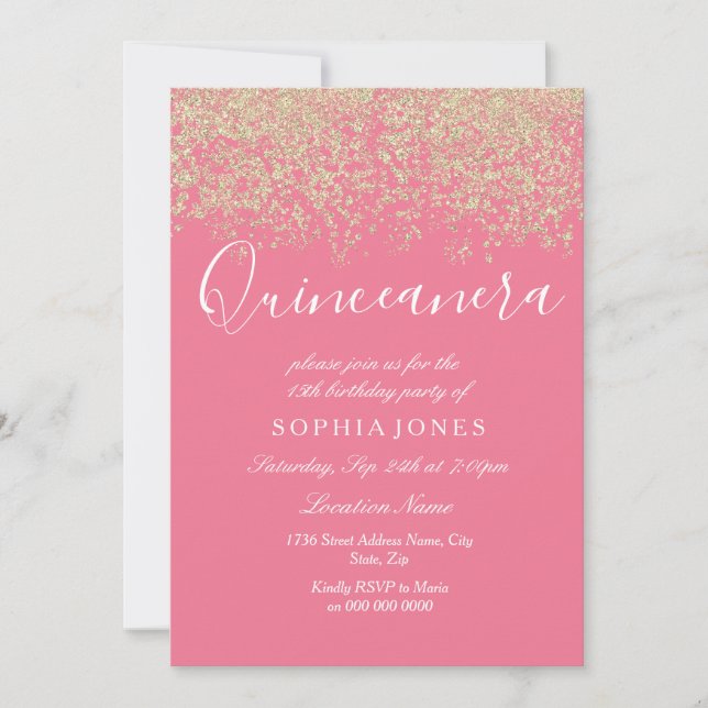 Invitación de Confetti Quinceanera, Purpurina de o (Anverso)