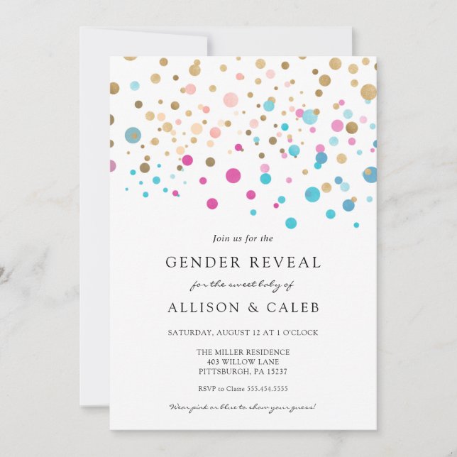 Invitación de confetti rosa y azul revelada por gé (Anverso)