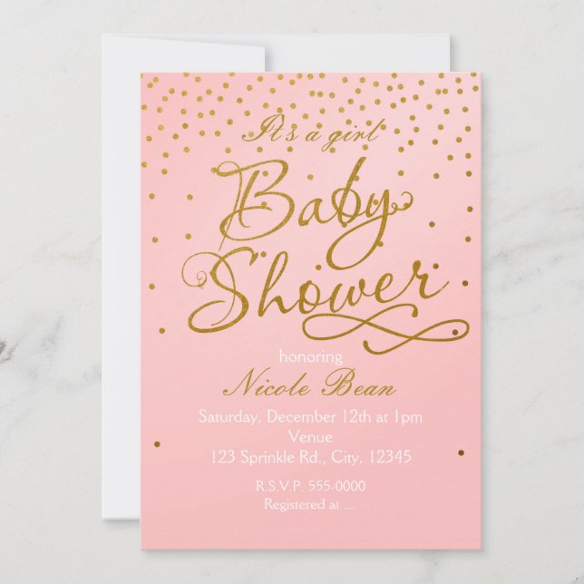 Invitación de Confetti Rosa y Dorado de Baby Showe (Anverso)