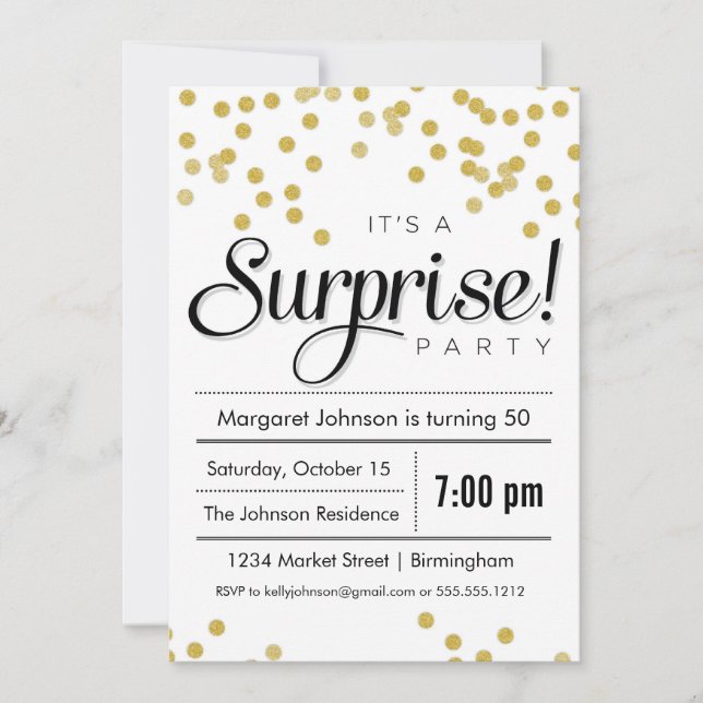 Invitación de Confetti Surprise Party (Anverso)