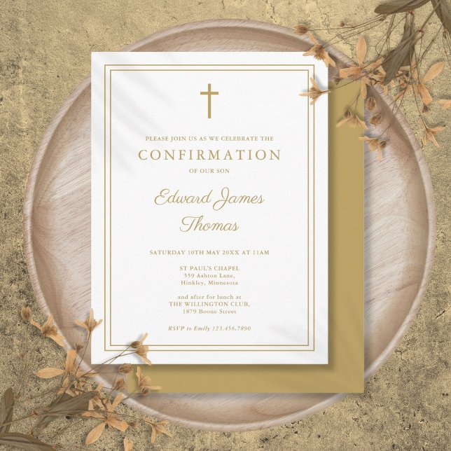 Invitación de Confirmación con Borde de Oro Modern (Modern Elegant Gold Border Confirmation Invitation Postcard)