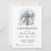 Invitación de Confirmación con Lazo Azul y Rosario