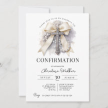 Invitación de Confirmación con Lazo Beige y Rosari