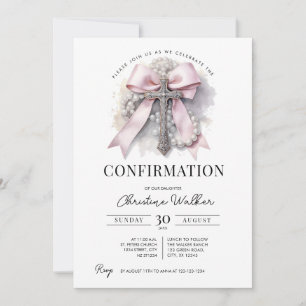 Invitación de Confirmación con Lazo Rosa y Rosario