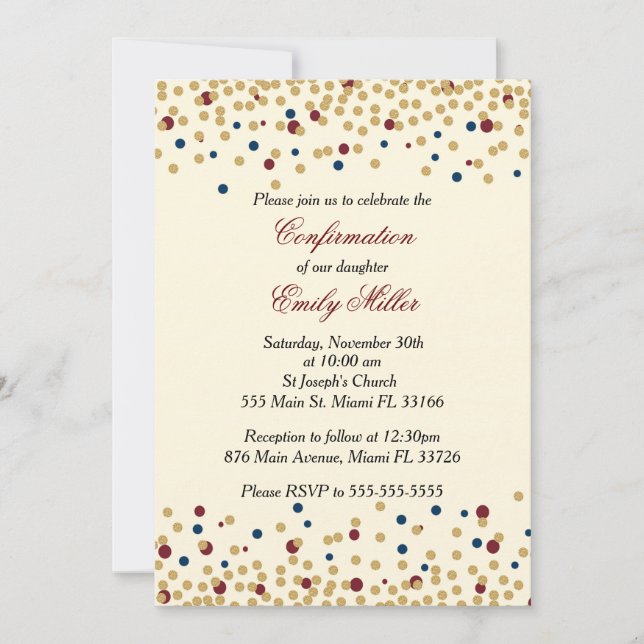 Invitación de confirmación confetti dorado marina  (Anverso)