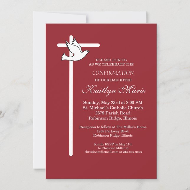 Invitación de confirmación Cruz blanca y paloma en (Anverso)