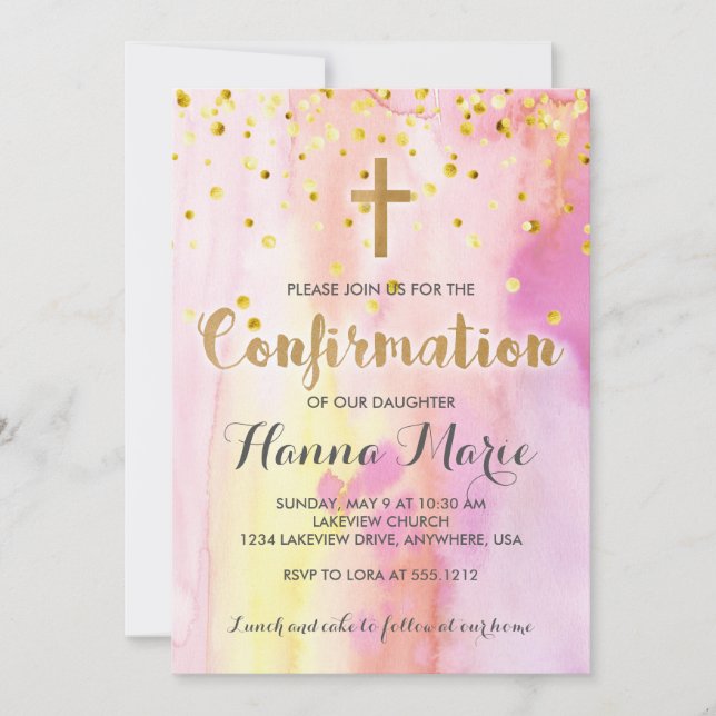 Invitación de Confirmación de Acuarela Moderna (Anverso)