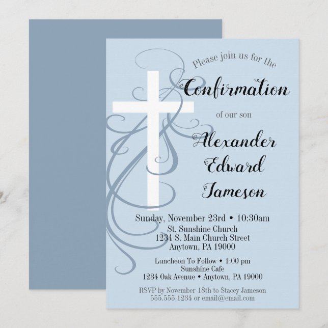 Invitación de confirmación de Blue Swirl Cross Boy (Anverso / Reverso)