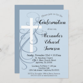 Invitación de confirmación de Blue Swirl Cross Boy
