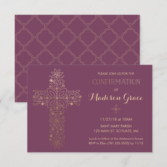 Invitación de confirmación de chica con cruz de or (Anverso / Reverso)