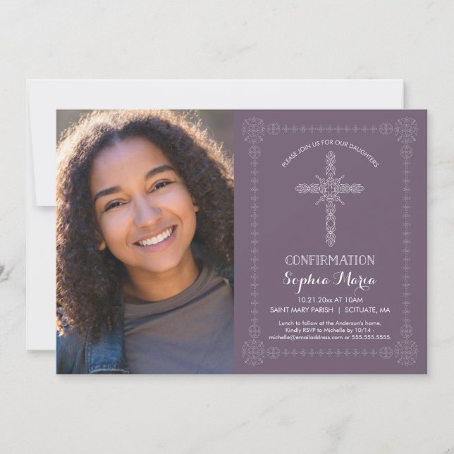 Invitación de confirmación de chica con foto - cru (Anverso)