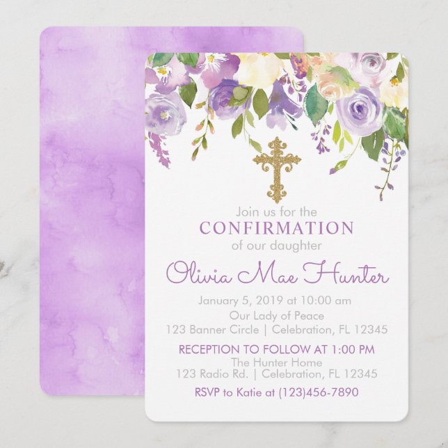 Invitación de confirmación de Chica de Peonies Púr (Anverso / Reverso)