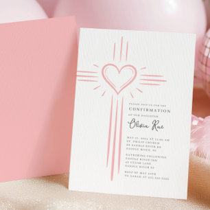 Invitación de confirmación de cruz de corazón rosa